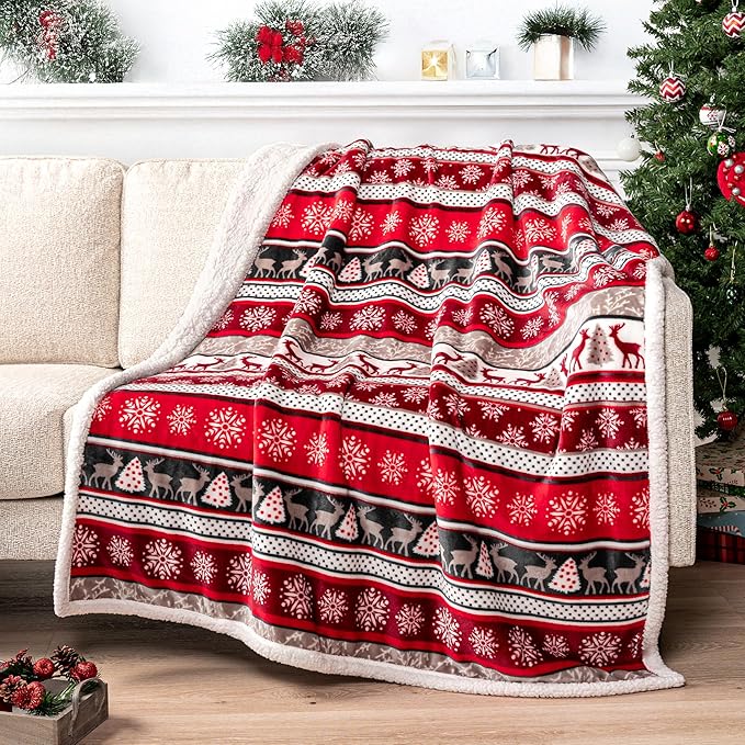 Throw Blanket, Holiday Reindeer Print, Reversible Sherpa Fleece, 50x60 Inches