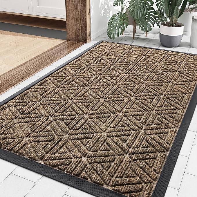 Smiry Front Door Mat Outside Entrance, Heavy Duty Sturdy Natural Rubber Doormat, Trap Dirt and Moisture, Easy Clean Low Profile Mats for Indoor Outdoor Entry, Grid Geometric (35x23, Brown)
