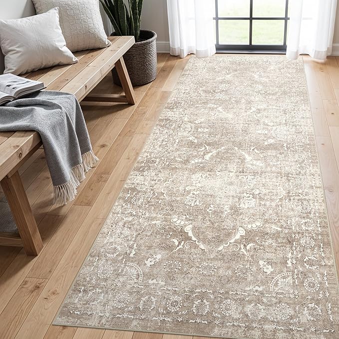 4x8 Washable Hallway Runner Rug - Wide Kitchen Runners Vintage Low Pile Carpet Soft Thin Floor Runner with Rubber Backing for Entryway Bedroom Living Room Home Decor (Beige)