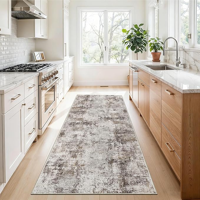 Hallway Runner Rug 2x8 Washable: Entryway Runners Rugs Non Slip Easy-to-Clean - Soft Living Room Bedroom Carpet - Thin Low Pile Printed Floor Mat for Dining Room Beige Brown