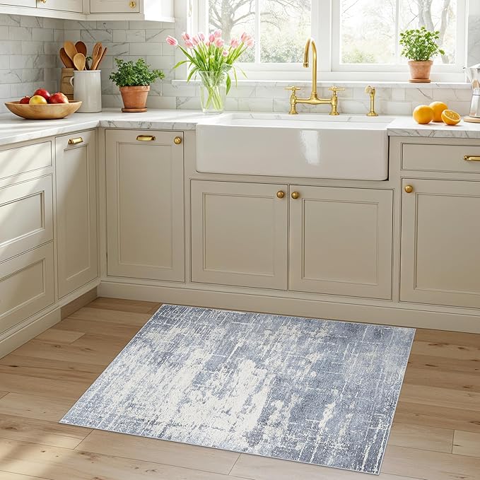 Washable 2x3 Entryway Area Rug: Modern Abstract Neutral Kitchen Rug Vintage Soft Floor Mat for Stove & Sink Area Non-Slip Indoor Farmhouse Carpet for Bathroom Bedroom Boho Beside Rug(2x3,Blue/Ivory)