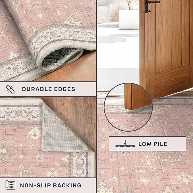 Light Pink Rugs for Girls Bedroom - Cute Floral Area Rug 5x8 for Nursery, Kids Playroom, Machine Washable Non Slip, Vintage Low Pile Stain Resistant Carpet for Living Room, Dorm