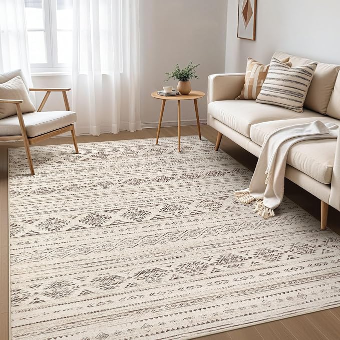 Nakagishi 7x9 Area Rug Living Room: Washable Boho Large Neutral Soft Farmhouse Modern Rugs Stain Resistant Moroccan Non-Slip Indoor Carpet for Bedroom Nursery Kids Office Dining Room- Dark Brown