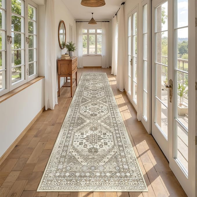 Carpet Runners for Hallway 12ft, Non-Slip Long Bathroom Rugs Runner for Kitchen, Living Room, Bedroom, Soft Vintage Washable Rug for Entryway, Thin Floor Mat for Dining Room(Brown,2.5'x12')