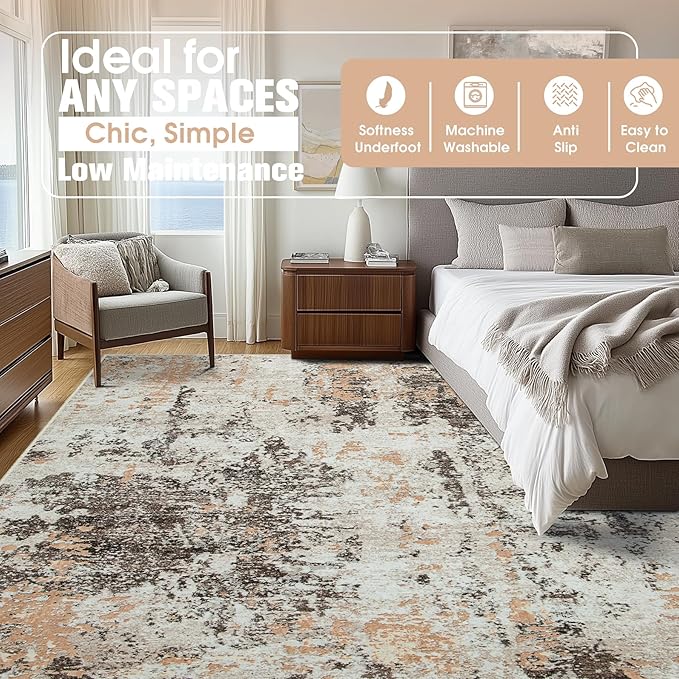10x14 Area Rugs for Living Room Rug Washable: Abstract Large Rug Indoor Modern Carpet Non Slip for Dining Room Bedroom Nursery Home Office Brown Beige