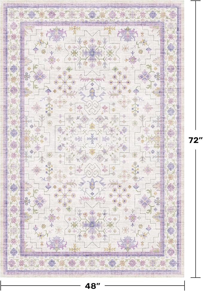 Hazo Haus Purple Rugs for Girls Bedroom, Non Slip Machine Washable 4x6 Floral Area Rug for Nursery Kids Room, Living Room, Low Pile Lavender Girly Dorm Pastel Décor