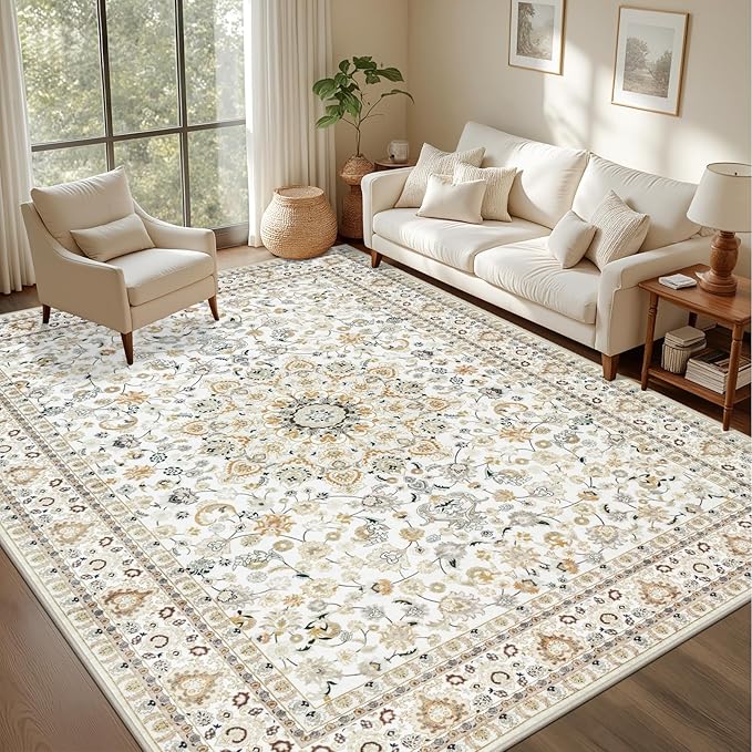 Area Rugs 9x12 Living Room Rug: Washable Rug Soft Vintage Boho Carpet Indoor Floor Non-Slip Stain Resistant Large Carpets for Bedroom Dining Room Farmhouse Nursery Home Office Beige