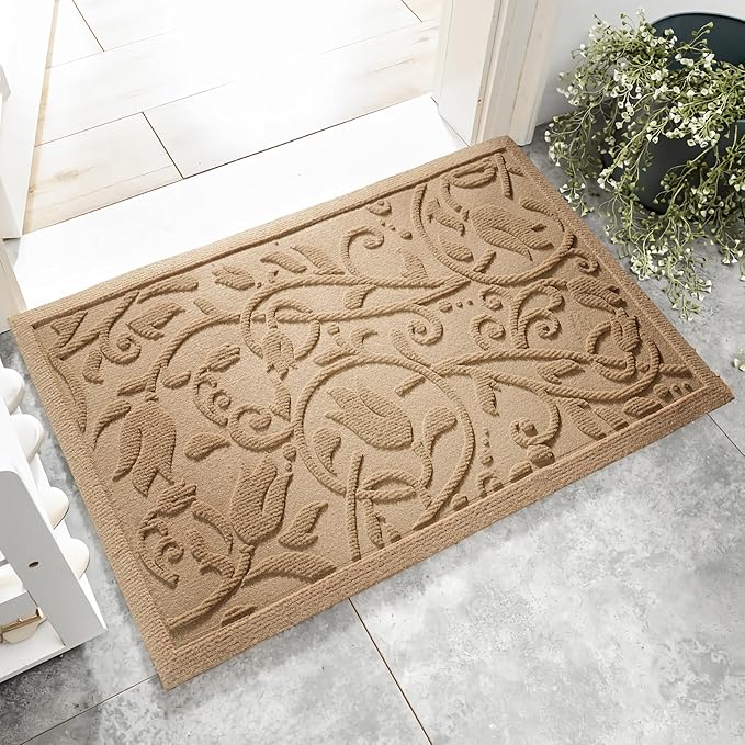 Boho Beige Floral Leaves Outdoor Indoor Entrance Doormats, Absorbent Durable Heavy Duty Welcome Front Door Mat,Thick Natural Rubber Back,Easy Clean Entryway Mat 17x30 Inch, Low Profile