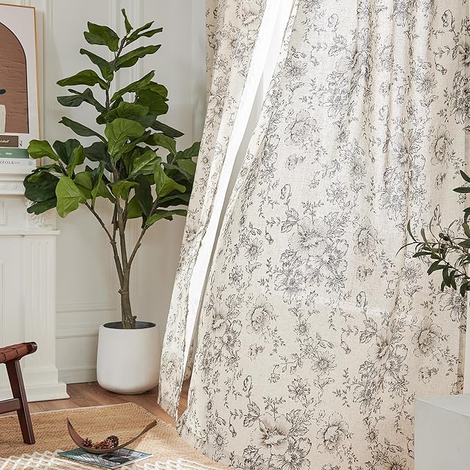 jinchan Pinch Pleated Curtains Floral Linen Blend Curtains for Living Room 96 Inches Length Black Peony Flower Printed Curtain Rod Pocket Back Tab Farmhouse Pinch Pleat Drapes with Hooks Set 2 Panels