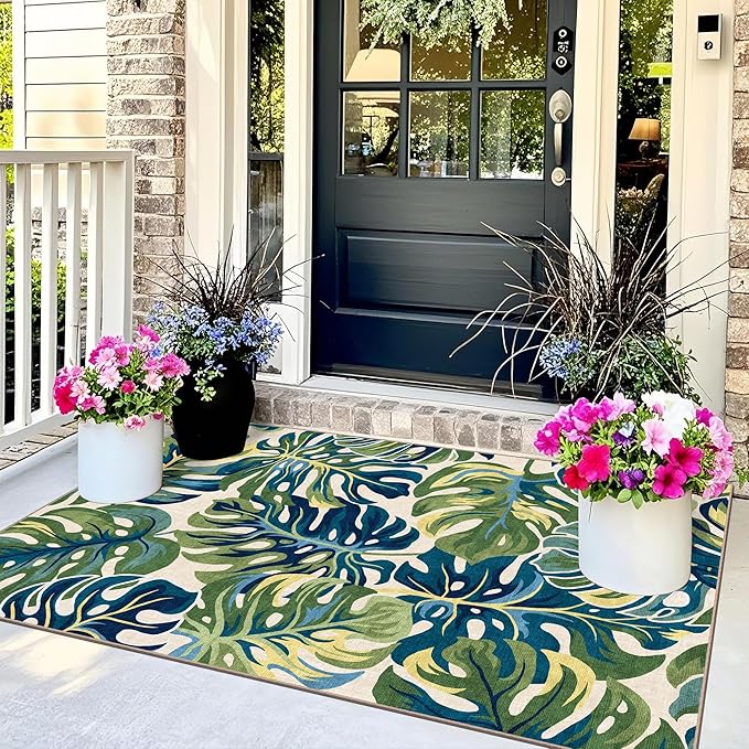 3x5 Botanical Entry Rug - Small Washable Indoor Outdoor Mats for Front Door Non-Slip Porch Rug Spring Tropical Green Leaf Throw Rugs for Living Room Bedroom Entryway Kitchen Office Porch Decor