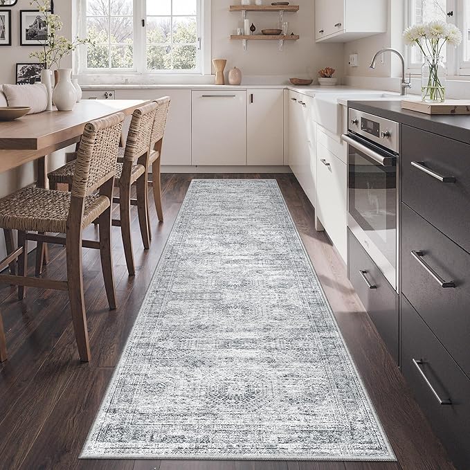 Rug Runners for Hallways Non Slip - 2x8 Runner Rug for Bedroom, Washable Runner with Rubber Backing, Soft Low-Pile Carpet for Kitchen, Laundry, Bathroom (2'x8', Grey/Ivory)
