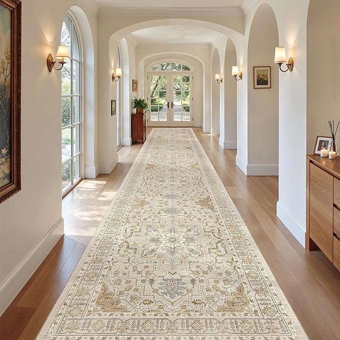 Madane Hallway Runner Rug 3x18 - Kitchen Rugs 18ft Washable Entryway Rug Vintage Kitchen Runners Non Slip Indoor Area Rug Farmhouse Carpet Runner for Bathroom Living Room Bedroom, Beige/Blue