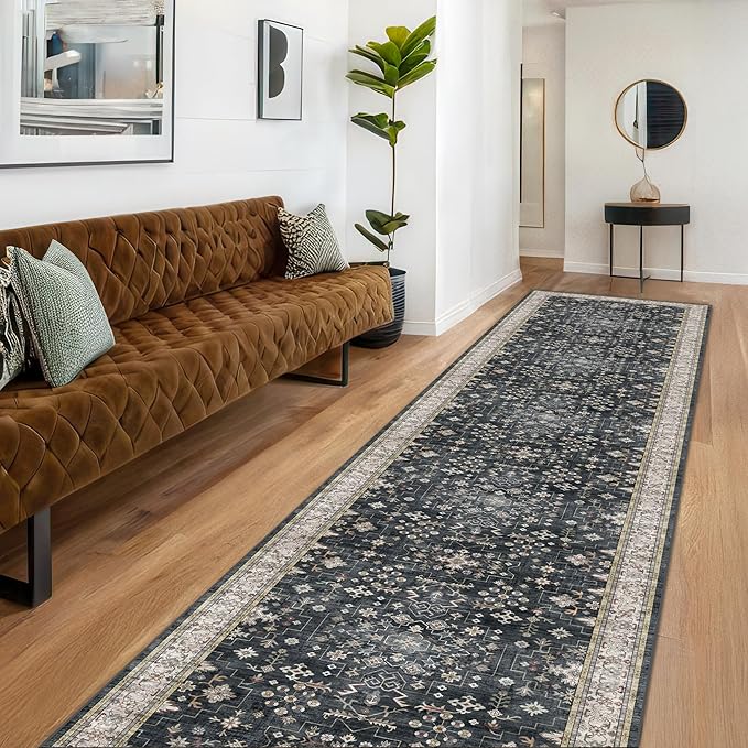 Hazo Haus Black Boho Washable 3x12 Extra Long Runner Rug for Hallway, Waterproof Large Kitchen Floor Rug, Non-Slip Stain & Fade Resistant, Vintage Floral Decor