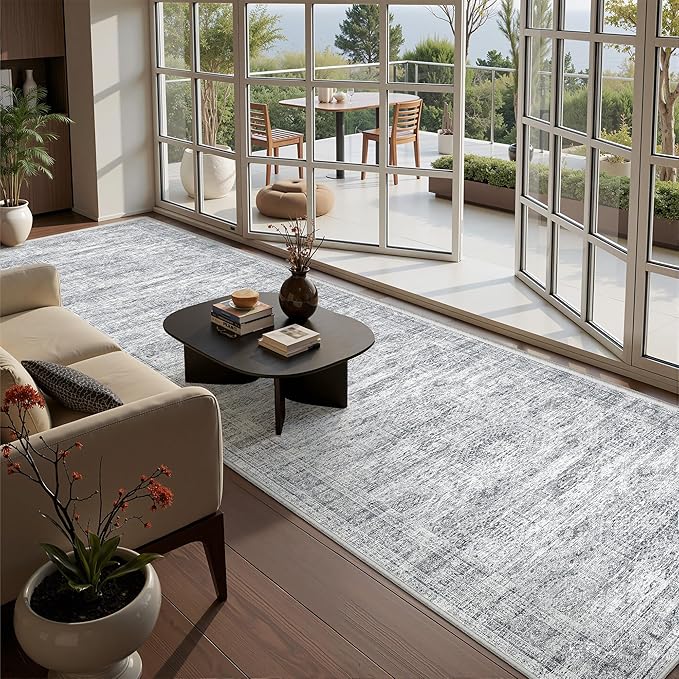 Washable Runner Rug 2.5x12, Non-Slip Long Bathroom Rugs Runner for Kitchen, Living Room, Bedroom, Soft Vintage Rug for Entryway, Thin Floor Mat for Dining Room(2.5'x12', Grey/Ivory)
