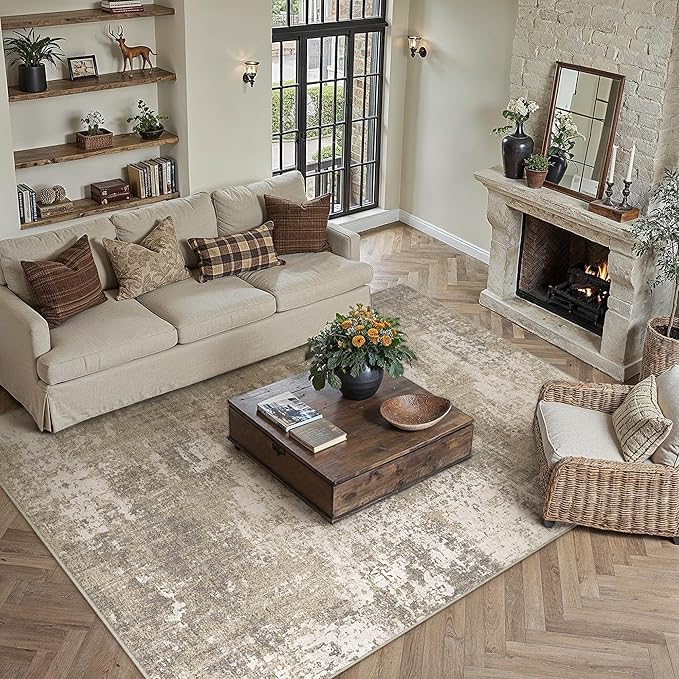 PureCozy Beige Area Rug 5x7 Machine Washable Modern Abstract Living Room Carpet Non Slip Neutral Low Pile Soft Non Shedding Bedroom Contemporary Indoor Rug for Kitchen Office Laundry Dining Room