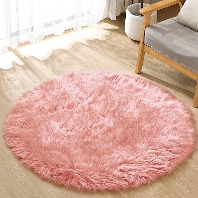 ORINOVA Round Rug 3ft Pink Small Fluffy Rug for Living Room Washable Shaggy Area Rugs for Bedroom Cute Room Circle Nursery Rug