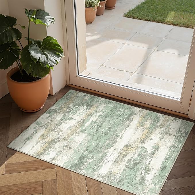 BEIMO 1'5''x2'5'' Rugs for Entryway Entrance Kitchen Bathroom, Machine Washable Modern Abstract Rug, Small Soft Low Pile Indoor Floor Mat with Non Slip Backing, Light Green