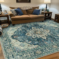 RELEANY Area Rugs 7'x9' Washable Non-Slip, Floral Vintage Distress Print Pattern Medallion Carpet for Living Room Bedroom Dining Room, Dark Blue Vintage