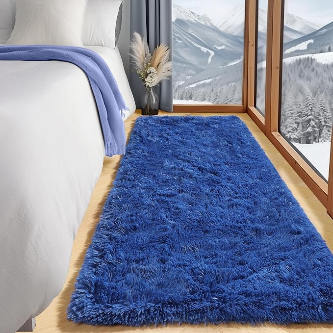 ONASAR Navy Blue Runner Rugs for Bedroom Living Room, Fluffy 2x6 Bedside Hallway Area Rug, Ultra Soft Plush Furry Faux Fur Non Slip Floor Carpet for Nursery Kids Dorm Closet Home Decor
