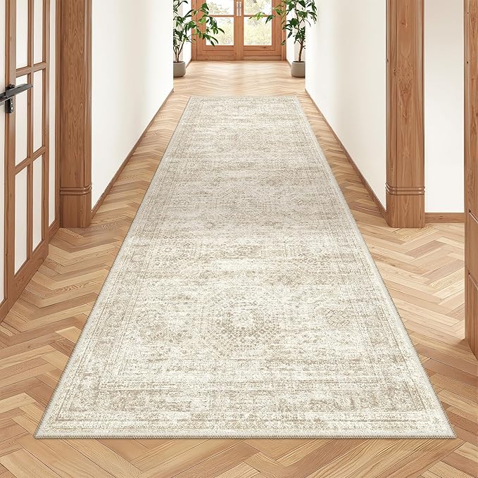 Kitchen Runner Rug Non Slip - 2.5 x 8 Runners for Hallways, Entryway, Bedroom, Washable Runner Rugs for Bathroom, Laundry Room, Low Pile Soft Vintage Area Rug(2.5'x8', Beige/Ivory)