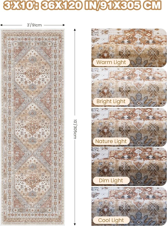 3x10 Runner Rug Non Slip Washable for Entryway, Front Porch, Vintage Hallway Runner for Laundry Room, Bedroom, Stain Resistant Thin Indoor Kitchen Mats for Floor(Orange,3'x10')