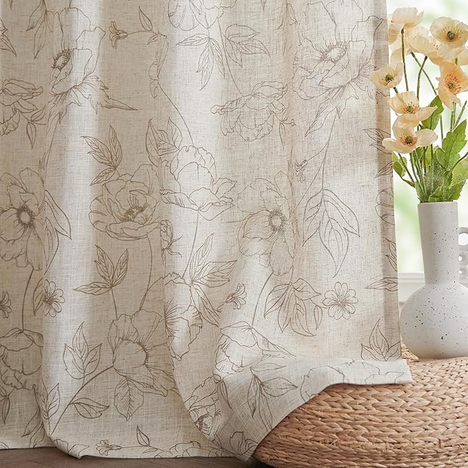 jinchan Linen Floral Curtains for Living Room 84 Inch Length Taupe Flower Curtain Rod Pocket Back Tab Farmhouse Curtains with Printed Floral Bedroom Window Curtain Set, 2 Panels Taupe