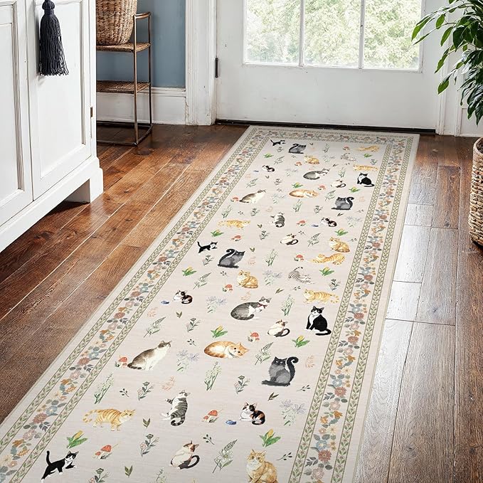 2x5 Washable Kitchen Runner Rug - Soft Low Pile Floral Animal Cat Print Rugs with Non-Slip Backing Waterproof Stain-Resistant Indoor Carpet for Hallway Entryway Bathroom Bedroom (Light Beige)
