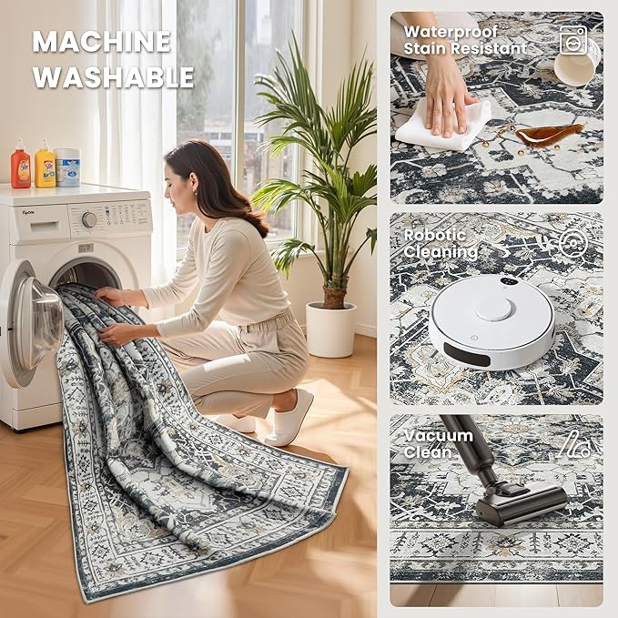 zesthome 5x7 Area Rugs, Machine Washable Rugs for Living Room, Bedroom,Stain Resistant Vintage Large Area Rug,Non-Slip Medallion Pattern Home Decor Rugs (Black,5'x7')