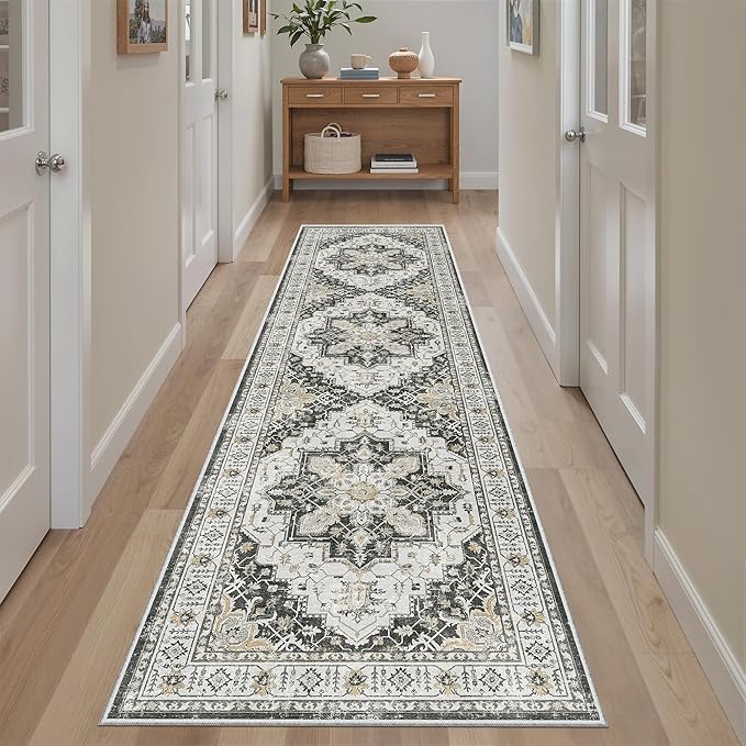 Madane Runner Rug 2x8, Washable Hallway Runner Rugs, Non-Slip Low-Pile Soft Kitchen Rug Runner Laundry Room Rug, Vintage Throw Entry Foyer Mat for Entrance Living Room (Black, 2 x 8)