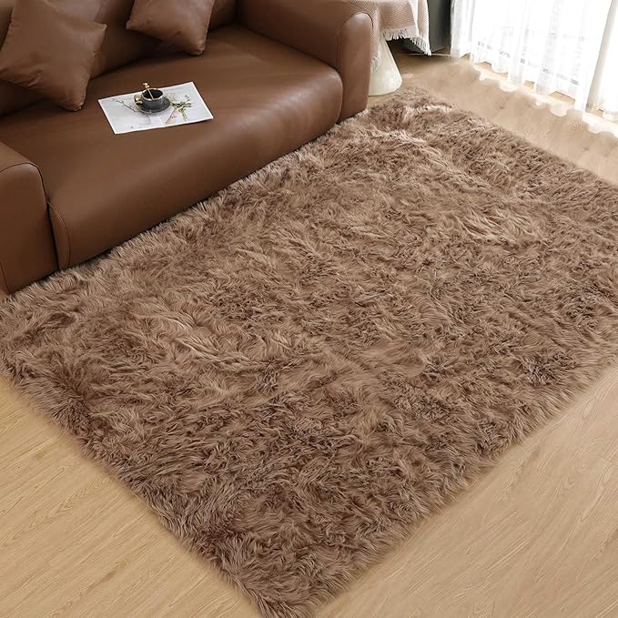 Goolela Beige Area Rug 6x9 Light Brown Fluffy Fuzzy Sheepskin Rug for Living Room Bedroom Shag Faux Fur Carpet Rectangle
