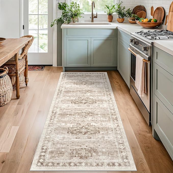 Hazo Haus Boho Long Bathroom Runner Rug 24 x 72 Washable Non Slip - Soft Stain Reistant Rugs for Kitchen, Laundry Room, Hallway Runner - Neutral Floral Design Décor (2x6 Beige/Latte)