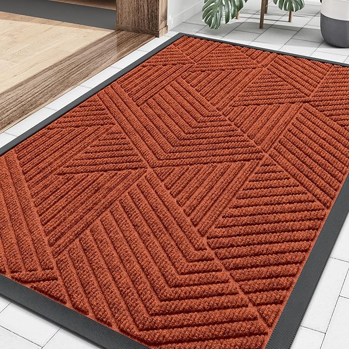 Smiry Front Door Mat Outside Entrance, Heavy Duty Sturdy Natural Rubber Doormat, Trap Dirt and Moisture, Easy Clean Low Profile Mats for Indoor Outdoor Entry, Irregular Triangle (29.5x17, BRN-Orange)