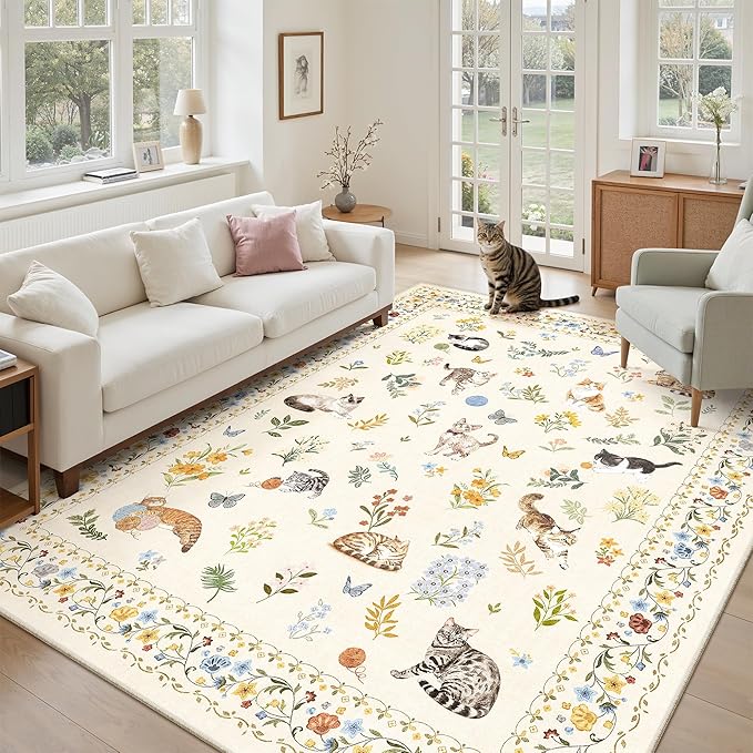 Cat 5x7 Area Rugs for Living Room, Machine Washable Animal Floral Vintage Rug Non-Slip Low Pile Soft Throw Rugs for Kitchen Dining Room Bedroom Nursery Playroom (5 x 7,Beige)