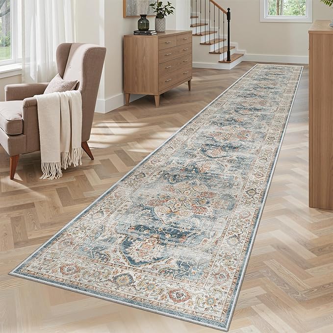 Madane Hallway Runner Rug 2x12, Extra Long Washable Runner Rugs with Rubber Backing, Non Slip Carpet Runner, Vintage Rug Runners for Kitchen Laundry Room Entryway (Navy, 2'x12')
