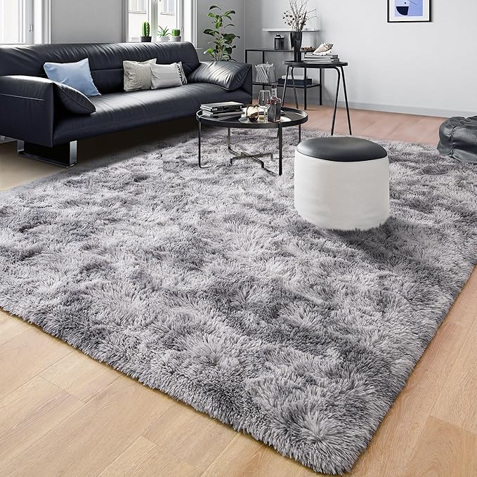 Tepook Fluffy Large Rugs for Living Room, Area Rug 6x9 Soft Carpet for Bedroom, Modern Shaggy Rug for Kids Boys Girls, Plush Indoor Nursery Home Decor Rug with Non-Slip Bottom, Tie-dye Light Grey