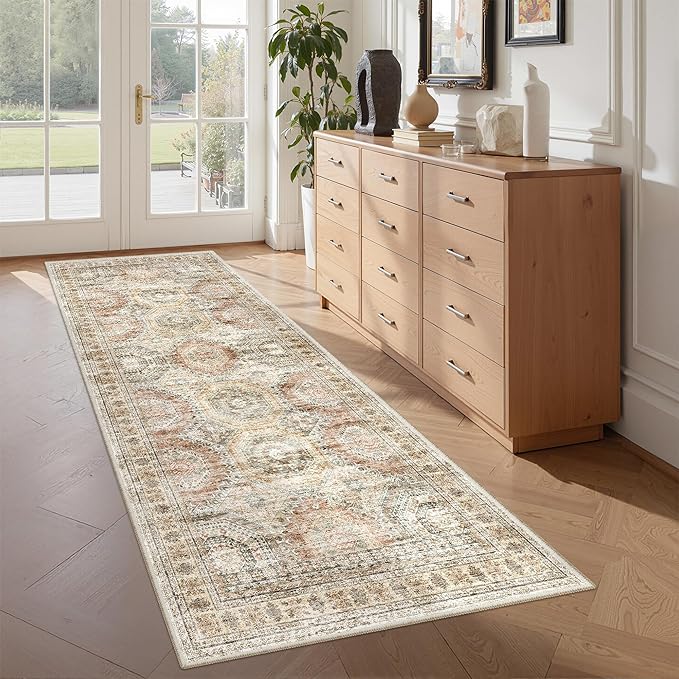 2x5 Rug Runner Washable for Entryway, Soft Bathroom Rugs with Non-Slip Backing, Abstract Low Pile Hallway Runner, Vintage Small Kitchen Carpet for Stair, Laundry Room(2'x5', Brown/Pink)