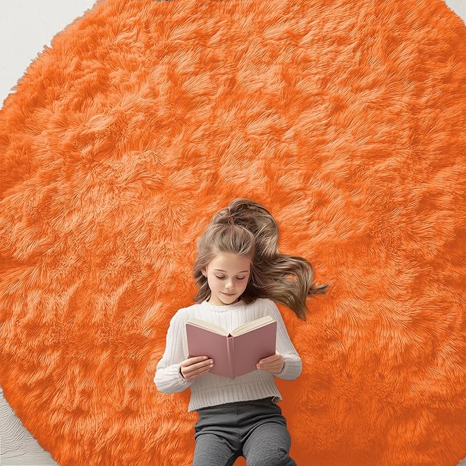 OLANLY Orange Round Rugs for Bedroom - Machine Washable, 8 ft Circle Area Rugs for Living Room, Soft and Fluffy Shaggy Carpet for Teen Girl and Boys, Nursery Rooms, Dorms, Home Decor Aesthetic