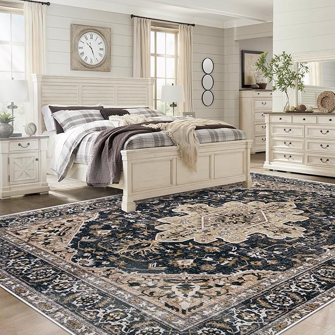 Area Rug 8x10 Vintage Rugs: Large Washable Living Room Rug Retro Medallion Distressed Soft Low Pile Non-Slip Indoor Floor Carpet for Bedroom Kitchen Nursery Dining Office (BeigeBlack, 8'x10')