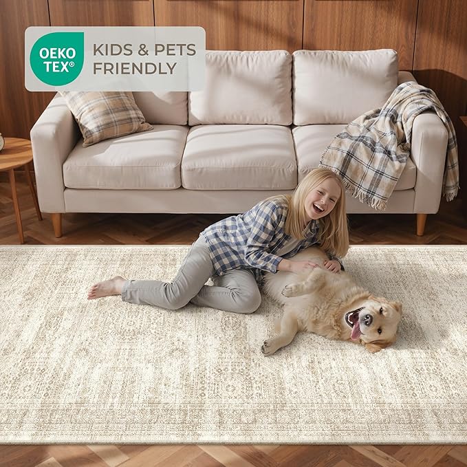 Kitchen Runner Rug Non Slip - 2.5 x 8 Runners for Hallways, Entryway, Bedroom, Washable Runner Rugs for Bathroom, Laundry Room, Low Pile Soft Vintage Area Rug(2.5'x8', Beige/Ivory)