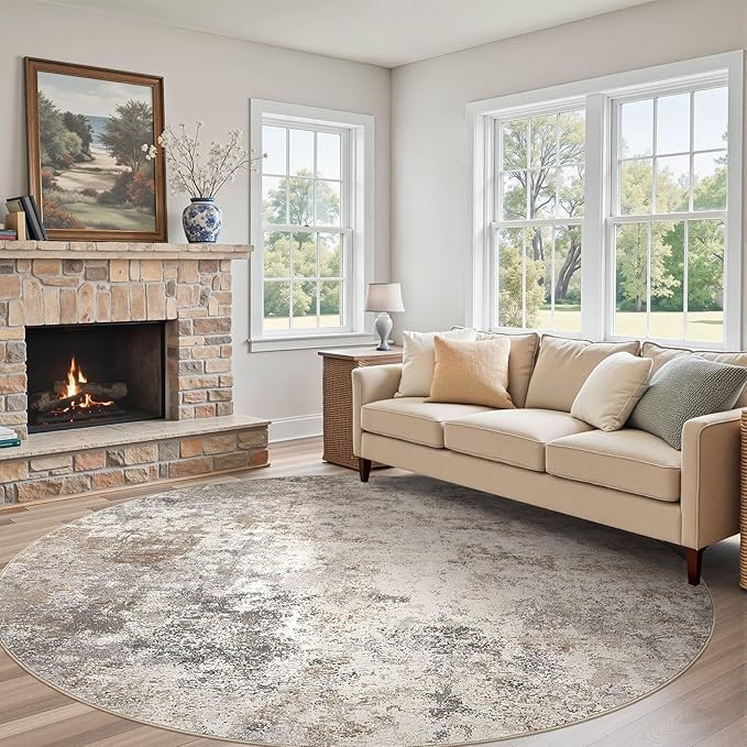 UERMEI 10ft Round Area Rug Living Room Rugs - 10x10 Washable Large Neutral Modern Abstract Soft Thin Rug Indoor Floor No Slip Rug Carpet for Bedroom Under Dining Table Home Office Decor - Brown Grey