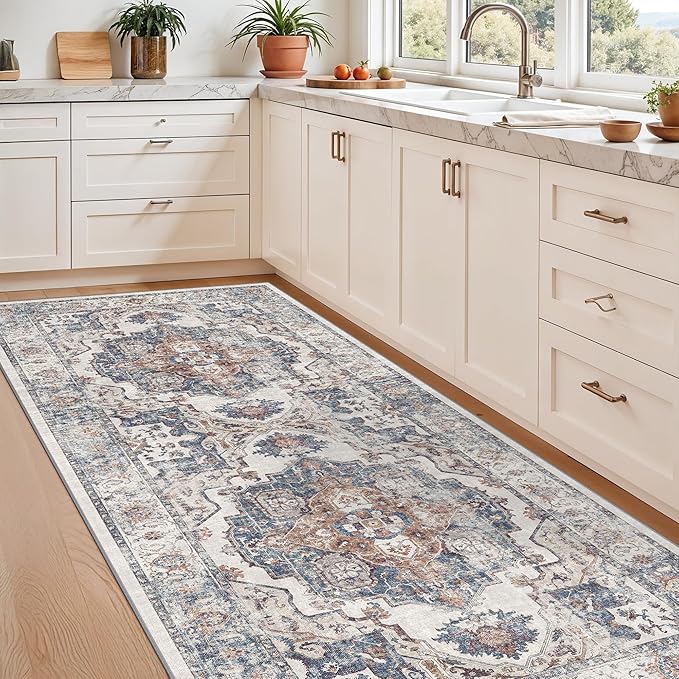Washable 3x7 Hallway Runner Rug: Vintage 7ft Water-Resistant Soft Runner Rug for Entryway Kitchen Non-Slip Low Pile Carpet for Living Room Bedroom Thin Floor Mat for Bathroom Dining Room(3x7,Brick)