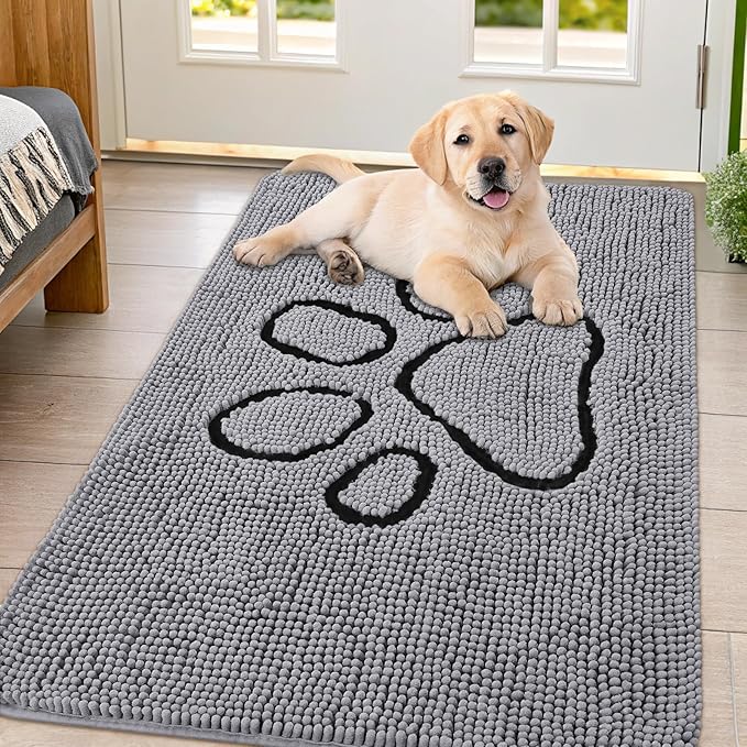 Smiry Dog Door Mat for Muddy Paws, Absorbent Dirt Trapper Non Slip Quick Dry Washable Chenille Mat for Mud Dogs, Entry Rug for Indoor and Outdoor (47x32 Inches, Grey and Black)