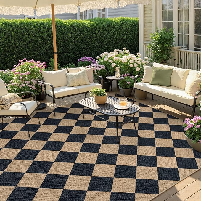 Lahome Colette Checkered Easy Jute Outdoor Rug, Large 6x9 Rug for Living Room Checkerboard Indoor Outdoor Carpet, Farmhouse Patio Office Mat Geometric Non Slip Black Carpet for Backyard Dining Room