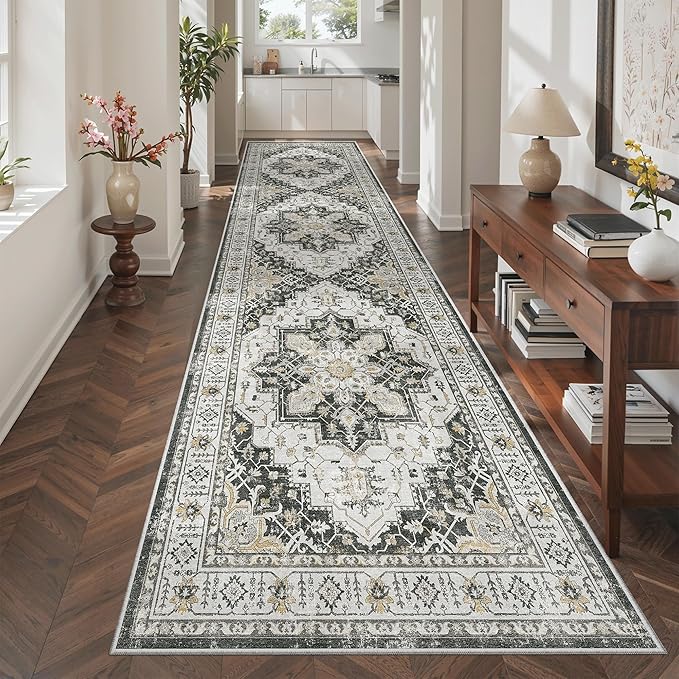 Madane 3x12 Hallway Runner Rug - Non Slip Washable 12ft Runner for Hallways Soft Vintage Kitchen Rugs Low-Pile Carpet Runner for Entryway Bathroom Thin Floor Mat for Bedroom Dining Room, Black