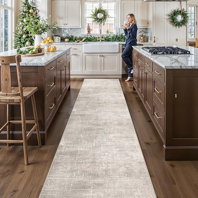 Hallway Washable Runner Rug - 2'6x14 Kitchen Rugs Stain Resistant Entryway Area Rug Abstract Soft Floor Mat Non-Slip Indoor Farmhouse Carpet for Bathroom Living Room Bedroom(2'6x14,Beige/Cream