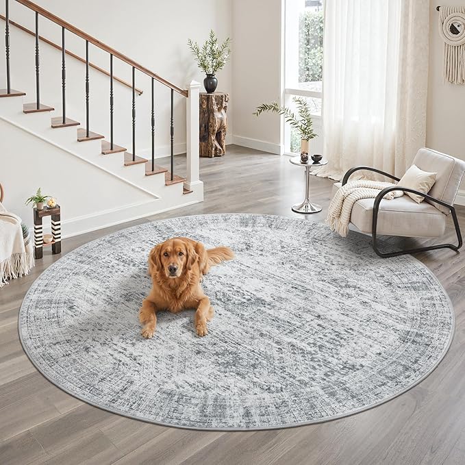 Soalmost 9x9 Grey Round Rug 9ft Living Room Circle Rug Vintage Round Area Rug Non Slip Indoor Carpet for Apartment
