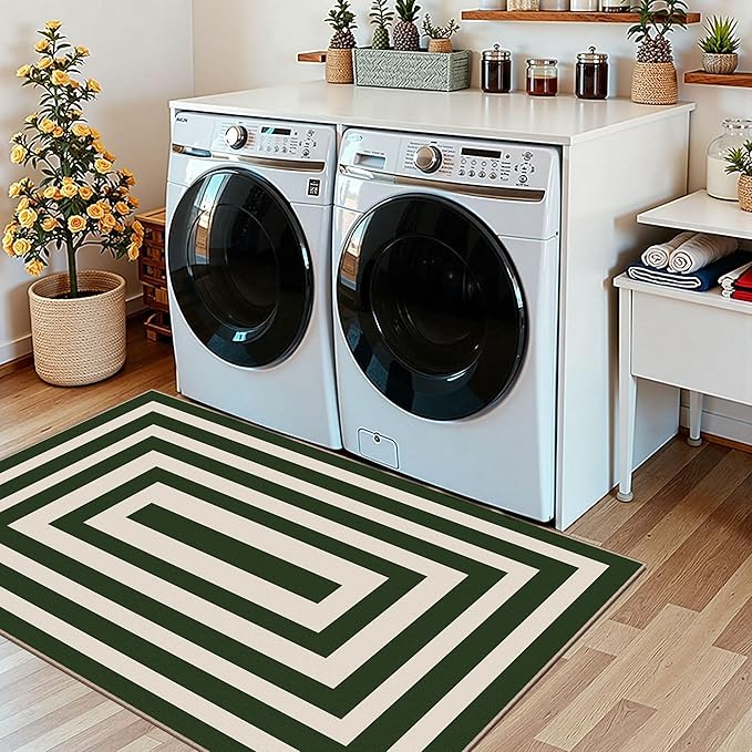 3x5 Modern Entry Rug - Small Washable Indoor Outdoor Mats for Front Door Non-Slip Porch Rug Green White Geometric Striped Throw Rugs for Living Room Bedroom Entryway Kitchen Office Porch Decor
