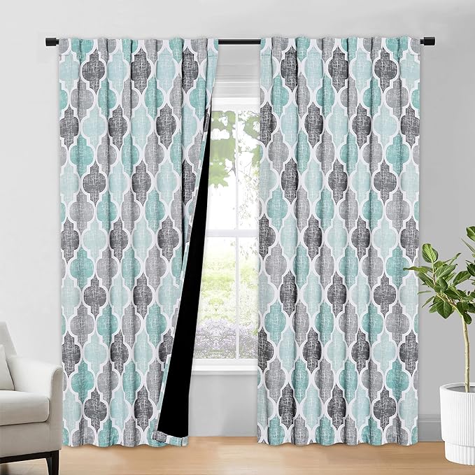 Beauoop 100% Blackout Curtains 96 Inches Long 2 Panels for Bedroom Living Room Aqua Grey Moroccan Geo Room Darkening Thermal Insulated Soundproof Rod Pocket Back Tab Window Treatments Drapes, 50x96