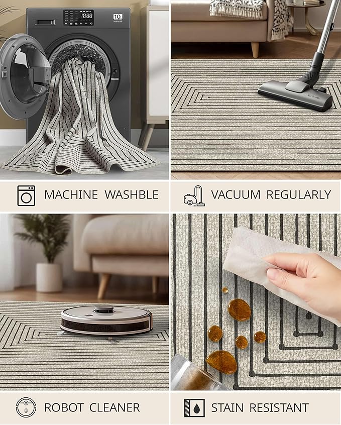 Latte&Fog 10x14 Area Rug for Living Room, Extra Large Beige Modern Abstract Washable Rugs, Boho Non Slip Low Pile Carpet for Indoor Bedroom Dining Room, Office, Dorm, Classroom and Farmhouse - Beige