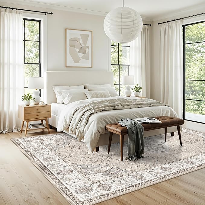 7x10 Area Rug for Living Room: Washable Neutral Vintage Large Rugs for Bedroom, Office, Dining Room, Kids Room, Farmhouse Durable Low Pile Non Slip Carpet for High Traffic Areas(7x10 Beige)